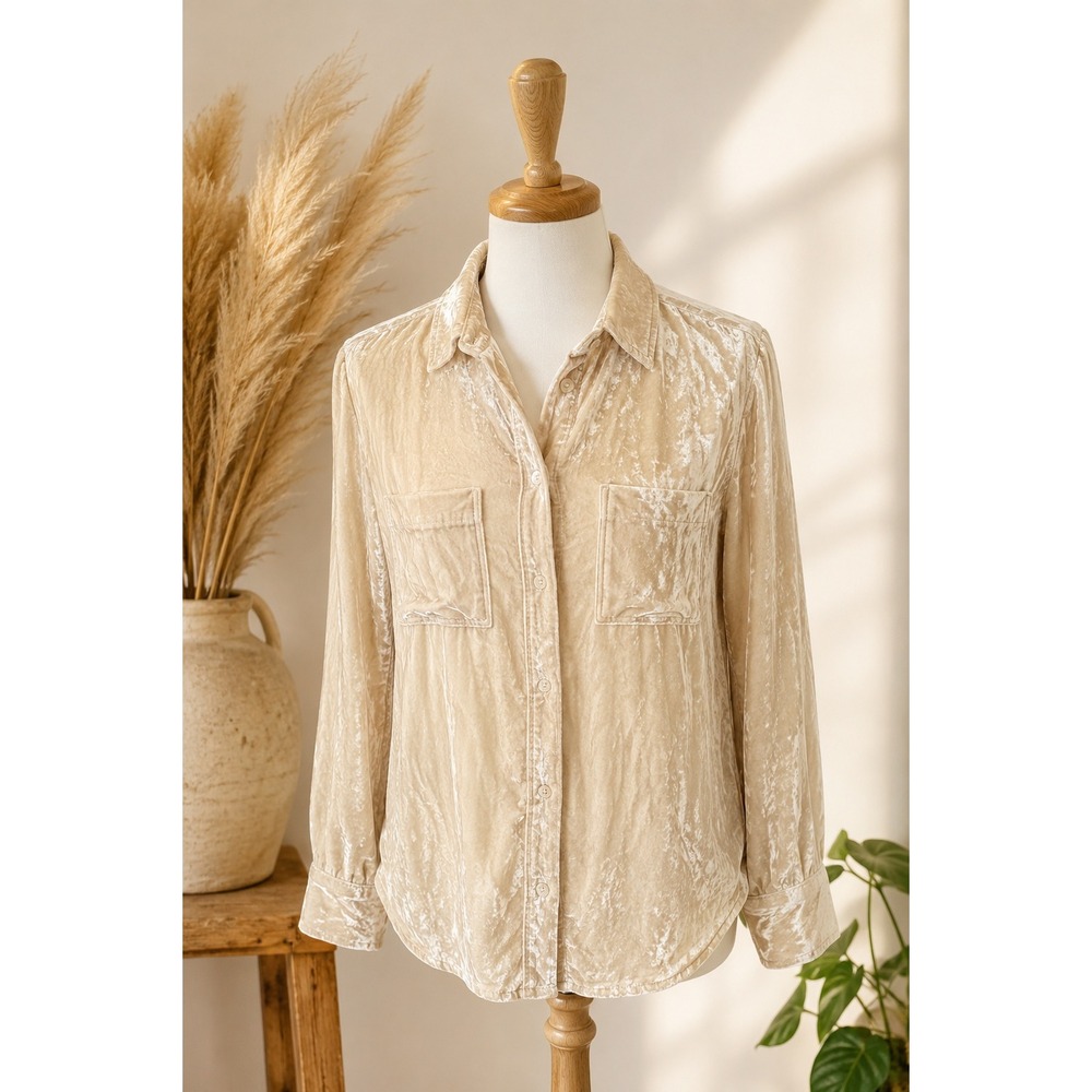 Thread and Supply Champagne Crushed Velvet Silk Blend Button Down Shirt Medium‎